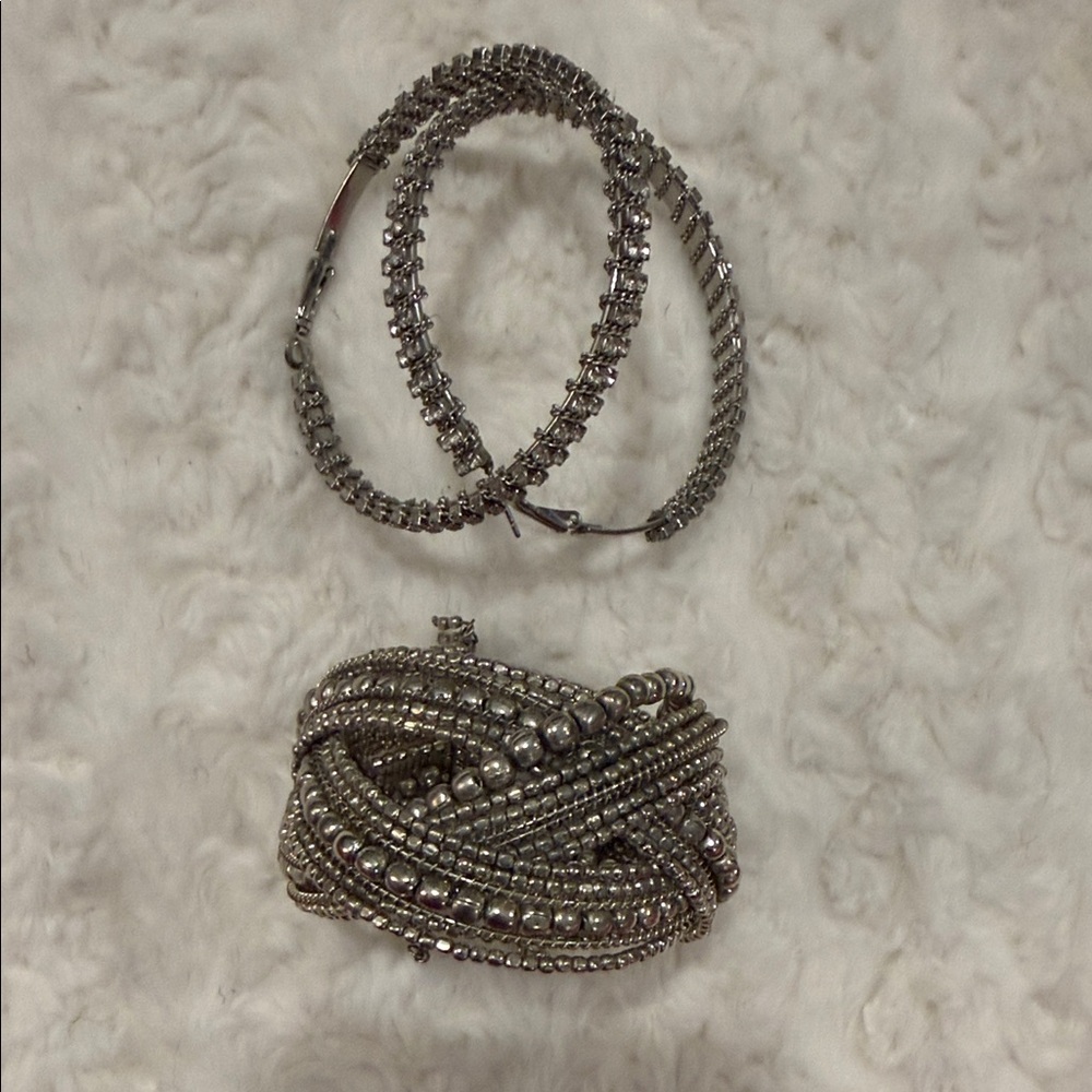 Silver Rhinestone Hoop Earrings & Beaded Cuff Bracelet Set